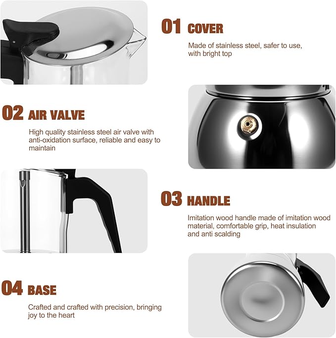 Stovetop Espresso Maker, 6Cup 300ML Stainless Steel Stovetop Italian Coffee Maker Transparent Glass Moka Pot, Coffee Maker Mocha Pot for Home Cafe Outdoor Office
