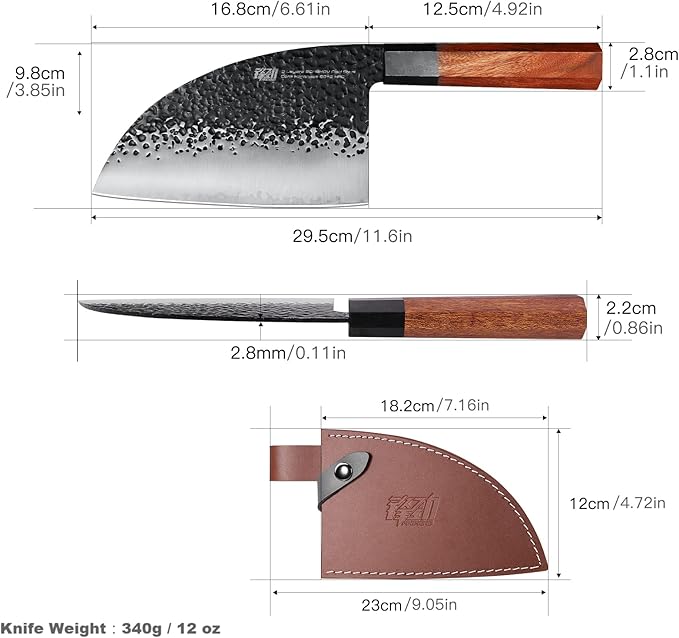 FINDKING Dynasty Series Serbian Chefs Knife with Leather Sheath, Heavy Duty Meat Cleaver, 9Cr18MoV High Carbon Steel Blade, African Rosewood Octagonal Handle, for Meat, Chicken Bones, 6.5 Inches