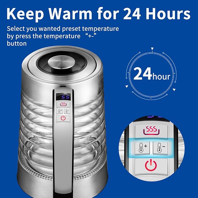 Electric Kettle, 1.8L Temperature Control Hot Water Boiler, No Plastic Contact with Water, Automatic Shutoff, Keep Warm, Cordless with LED Light for Tea Coffee