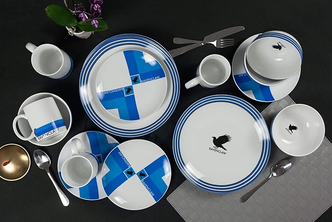 Harry Potter Ravenclaw 16 Piece Porcelain Dinnerware Set for 4 - Includes 4 Dinner Plates, 4 Salad Plates, 4 Bowls and 4 Mugs