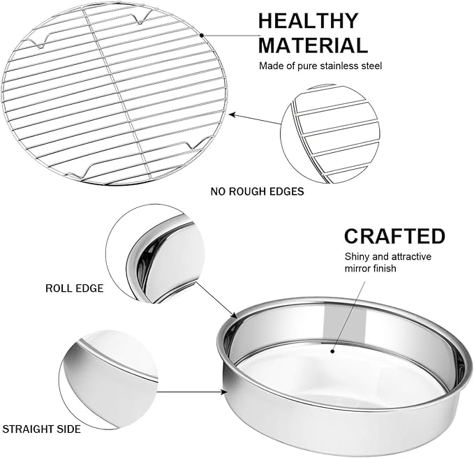 E-far Round Cake Pan with Rack Set, 9½-inch Stainless Steel Cake Pans and Baking Cooling Racks, Non Toxic & Healthy, Mirror Polished & Dishwasher Safe - 4 Pieces (2 Pans + 2 Racks)