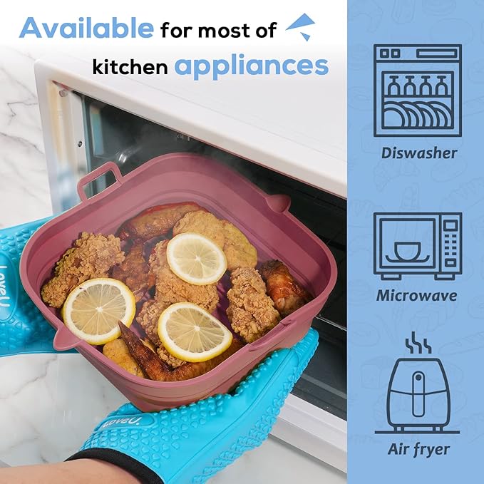 Silicone Air Fryer Liners Square - Reusable Airfryer Silicone Basket - Easy to Clean Air Fryers Silicone Pot for 5.8 to 8 Qt Air Fryer Baking Tray Oven Accessories, 8.5 Inch Large(Red)