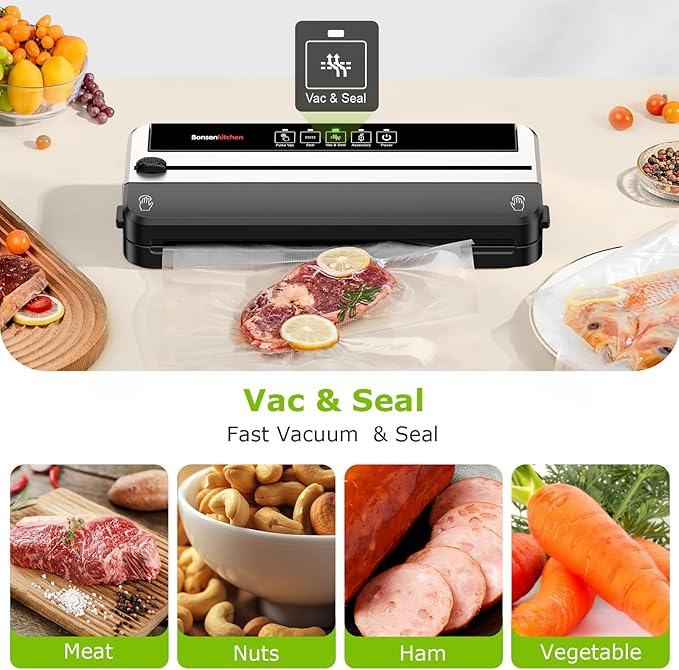 Bonsenkitchen Vacuum Sealer for Food, Multi-functional & Compact Vacuum Sealer Machine with the Latest Airtight Technology | Bag Cutter | ETL Listed | (Silver-Black)