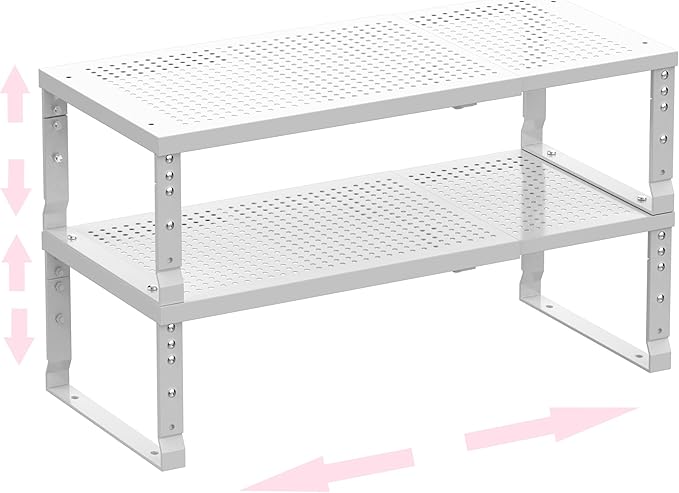 Metal Stackable Expandable Storage Shelf - Multi-Functional Home Storage Shelf, Suitable for Kitchen, Cabinet，Bathroom, Office, Garage, etc.（2PACKS/White/Medium