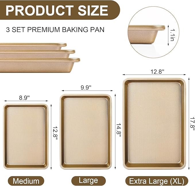 Baking Sheet Baking Pan Set of 3, Nonstick Cookie Sheets for Baking Supply, Carbon Steel Half/Jelly Roll/Quarter Baking Tray with Diamond Texture, 0.8mm Thick Heavy Duty Cookie Tray Oven Pan