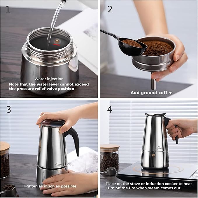 Coffee Maker 6 Cup Moka Pot Stainless Steel Percolator coffee pot Espresso Maker, Compatible with Gas, Electric, Ceramic, and Induction stovetops(10 fl oz/300 ml)