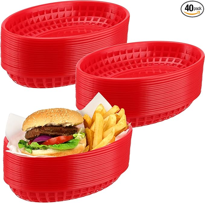 40 Pack 9x5.7x1.6 Inch Plastic Fast Food Baskets, Restaurant Serving Baskets, Red Oval Fast Food Serving Basket for Picnic, Deli Serving, Chicken, Burgers and Fries