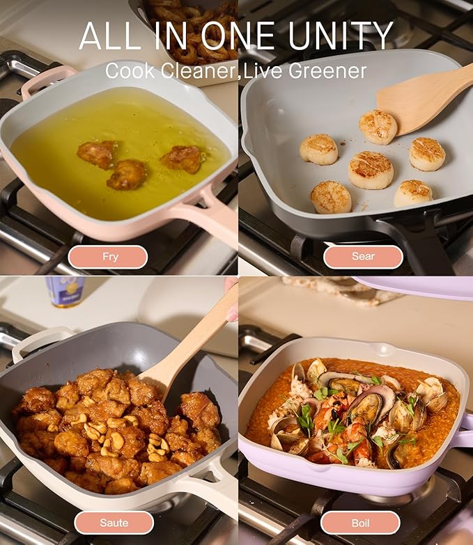 10.5 Inch(3.8QT) Ceramic Pan with Lid,Non Stick Frying Pans Cast Aluminum Deep Sauté Pans,Ti-Ceramic Non Toxic Pix Pan with Wooden Spatula and Scrubber-Desert Clay