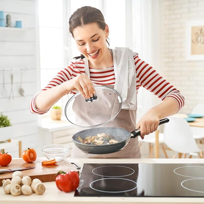 10 Inch Pan Lid, Universal Replacement Pot Lid for Frying Pans, Cast Iron Skillets, Tempered Glass Pan Cover with Steam Vent