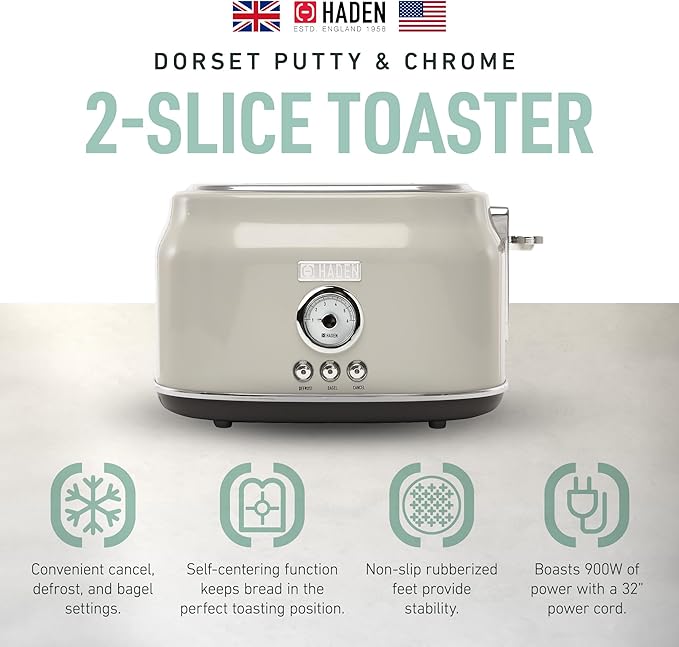 Haden Dorset 2 Slice Wide Slot Stainless Steel Toaster with Adjustable Browning Control & Non-Slip Feet, Putty & Chrome