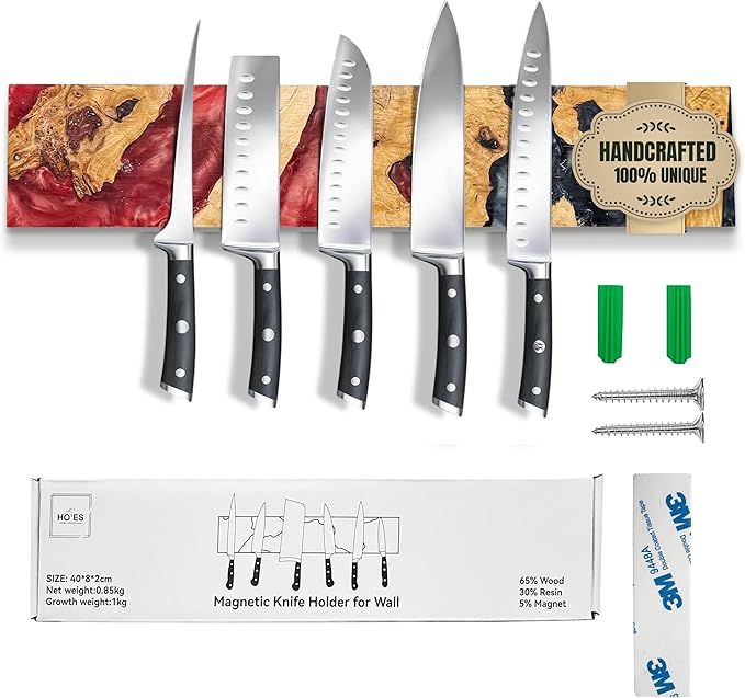 Magnetic Knife Holder for Wall 16 Inch |Premium Wood & Red and Grey Resin| Epoxy Knife Magnetic Strip, Kitchen Knife Block Holder with Strong Magnet, Space-Saving, Handcrafted Style & Easy to Install