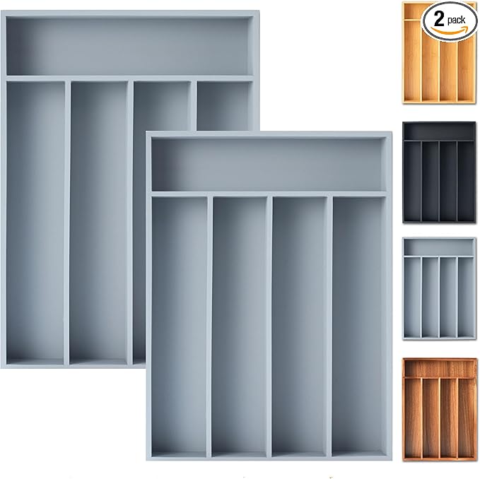 Silverware Organizer, 2 Pack 10 Inch Utensil Organizer Kitchen Drawer Organizer Bamboo Silverware Holder Cutlery Tray Organizer in Drawer Flatware Organizer Tray(5 slots, Gray）