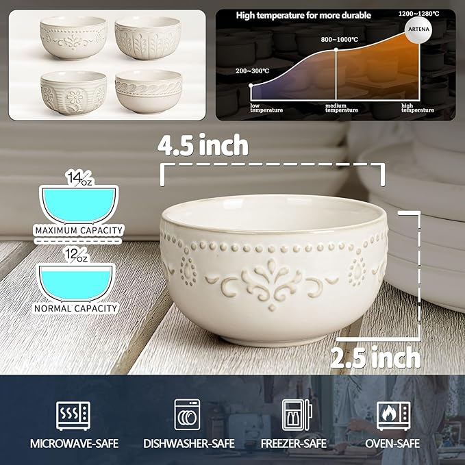 Artena Small Bowls Set of 4, 12 oz Ceramic Embossment Dessert Bowls, white Bowl for Kitchen, Ice Cream, Side Dishes, Rice, Cereal, Fruit, 4.5 Inch, Microwave & Dishwasher Safe, Multiple Patterns