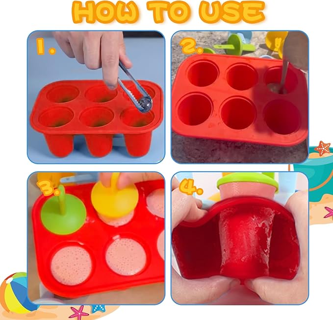 6-Cavity Silicone Popsicles Molds, Reusable Mini Ice Pop Makers with 6 Colorful Sticks, Red Small Ice Cream Mold for Homemade Frozen Dessert