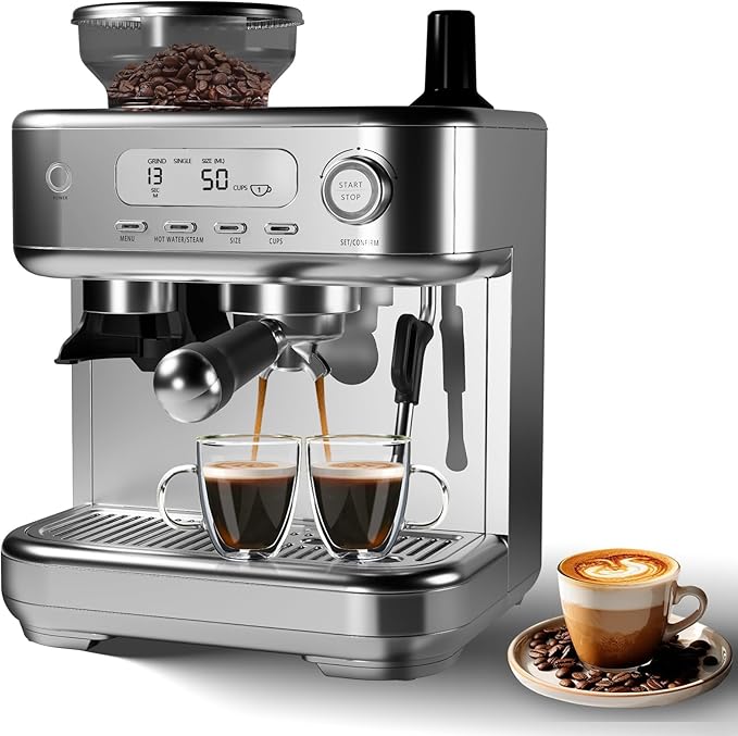 Garvee Espresso Machine with Grinder, 20 Bar Professional Coffee Maker for Home, Coffee Machine with High Power Milk Frother, Digital LCD, Stainless Steel (Single/Double Brew)