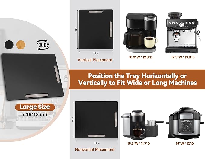 Joy&Grace Appliance Slider for Kitchen Appliances 360° Rolling Sliding Tray for Coffee Maker Countertop, Bamboo Coffee Pot Slider Rolling Tray with Universal Rollers (Black, Large 16"x13")