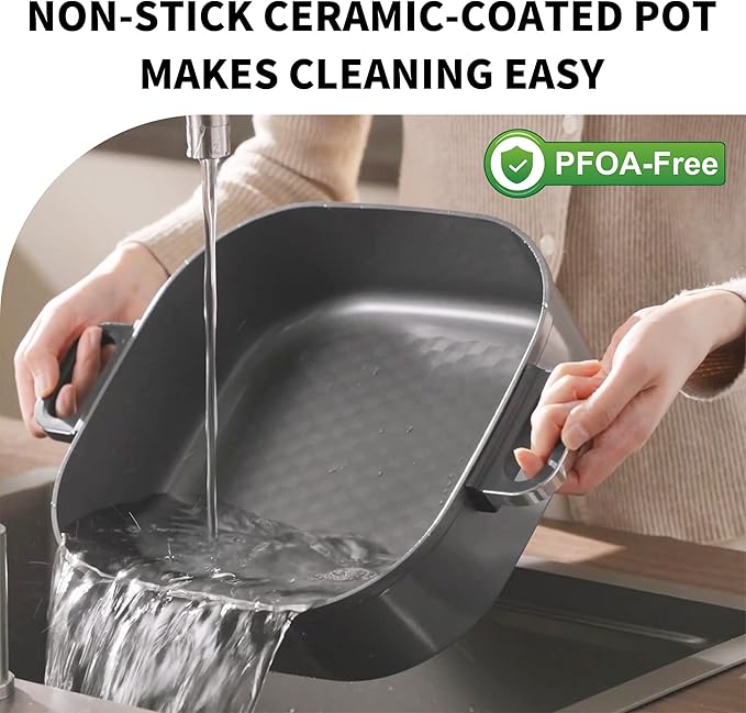 Electric Skillet 6-Quart Hot Pot Nonstick - PFOA-Free Ceramic Coating Pot, 1600W, Timer & 3 Power Settings for Steak, Egg, Ramen