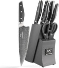 NF NANFANG BROTHERS Damascus Kitchen Knife Set, 7-Piece with Block, ABS Ergonomic Handle, Carving Fork, Disconnect-type Knife Block (Grey)