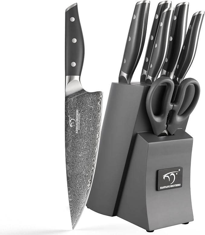 NF NANFANG BROTHERS Damascus Kitchen Knife Set, 7-Piece with Block, ABS Ergonomic Handle, Carving Fork, Disconnect-type Knife Block (Grey)