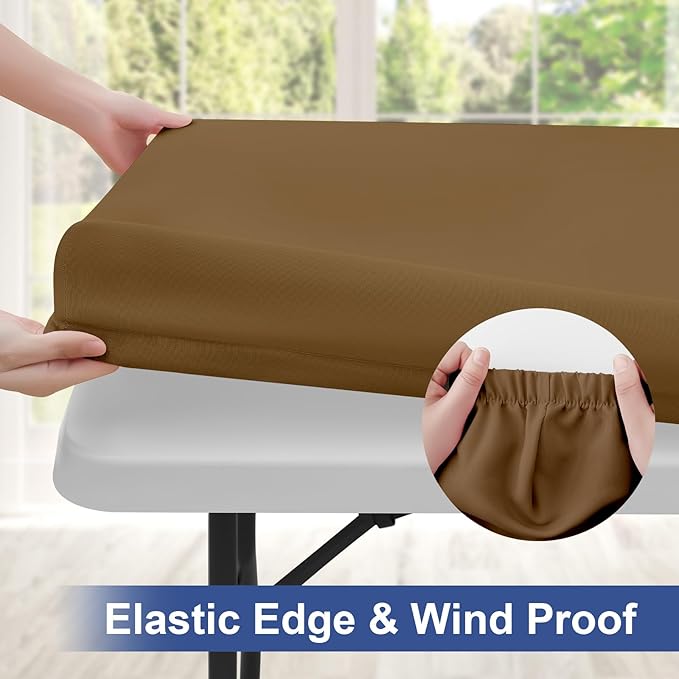 homing Rectangle Table Cloth Cover, Waterproof Polyester Elastic Fitted Tablecloth, Fits for 4 Foot Folding Tables, Washable Table Protector for Picnic, Camping, Outdoor (Brown, 24" x 48")