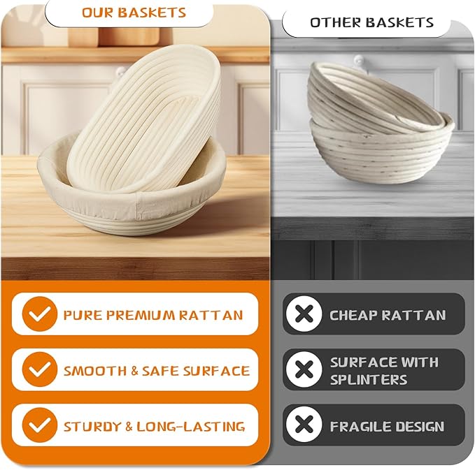 Banneton Bread Proofing Basket Banneton Basket Set Sourdough Proofing Basket Round Proofing Bowls Handmade Rattan Baskets and Liners (Oval of 2 Gift Set)