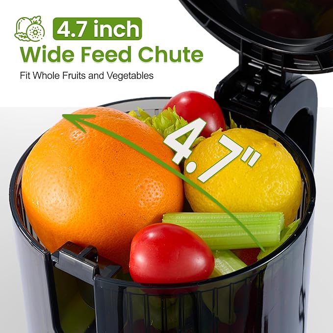 Cold Press Juicer, Juicer Machines with 4.7" Wide Feed Chute for Juice Extractor, Slow Masticating Juicer for Whole Vegetables & Fruits, High Juice Yield, Easy to Clean (Black)
