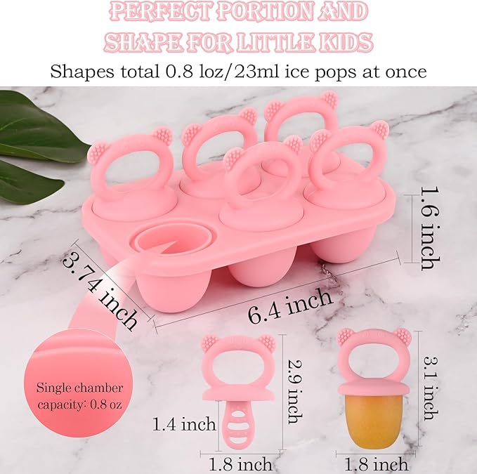 Sakolla Baby Popsicle Molds Mini 6-Cavity Silicone Ice Pop Mold with Sticks Breastmilk Popsicle Molds for Teething Relief Toddler Popsicle Mold for Ice Cream Frozen Yogurt and Fruit Juice (Pink)