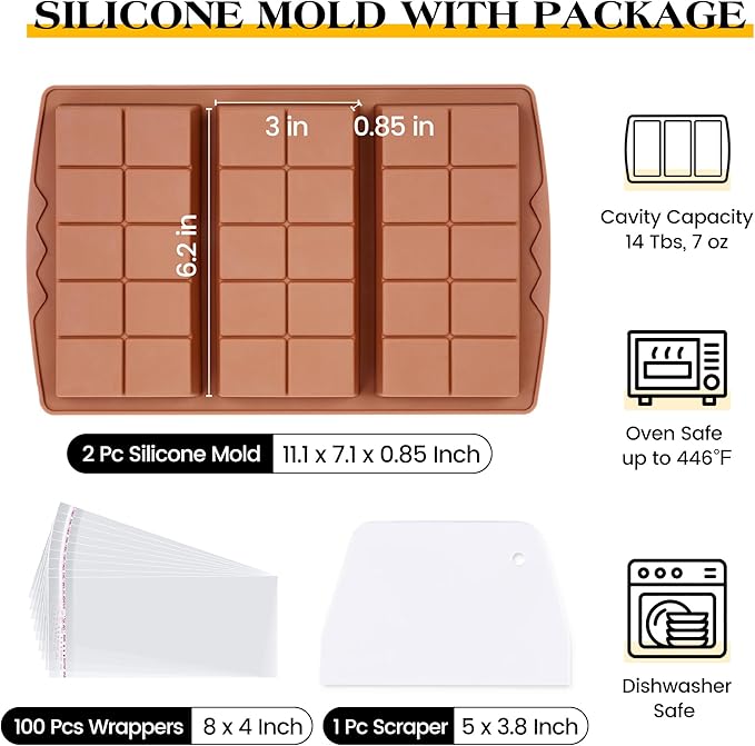 2 Pcs Chocolate Bar Molds Deep Large Chocolate Molds Silicone Break Apart Thick Silicone Molds for Candy Bar, With 100 Pcs Bags and 1 Pc Scraper Set (10 Snap）