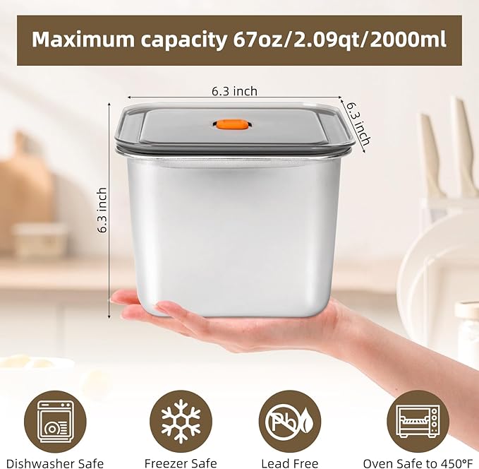 2 PCS Stainless Steel Food Storage Containers(67oz) with Lids Leak Proof & Airtight | Square Stainless steel freezer Containers,For Meal Prep,Fruit,Snack,Freezer