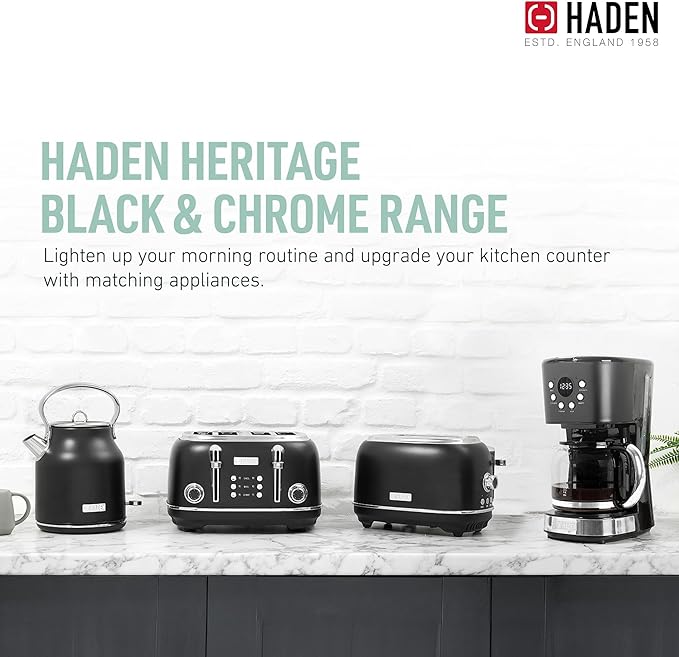 Haden Heritage 4 Slice Wide Slot Stainless Steel Toaster Bundled with 12 Cup Programmable Drip Coffee Maker Coffee Machine, Black & Chrome
