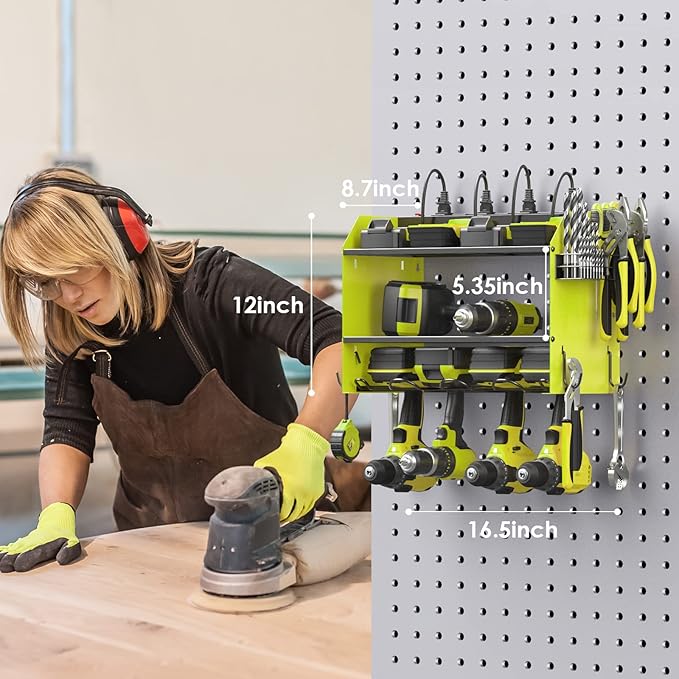 CCCEI Modular Power Tool Organizer Wall Mount with Charging Station. Garage Drill Storage Shelf with Hooks, Heavy Duty Rack, Tool Battery Holder Built in 8 Outlet. Gift for Men. Green, 1 Pack.