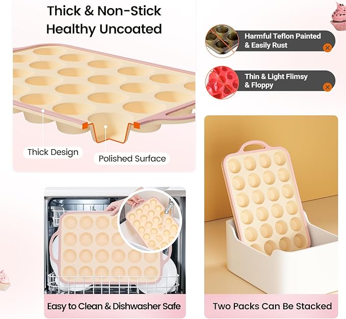 Silicone Mini Muffin Pan With Metal Reinforced Frame - 24 Cups Durable Silicone Cupcake Pan for Muffin, Cupcakes, BPA Free and Dishwasher Safe - 2 Piece Yellow