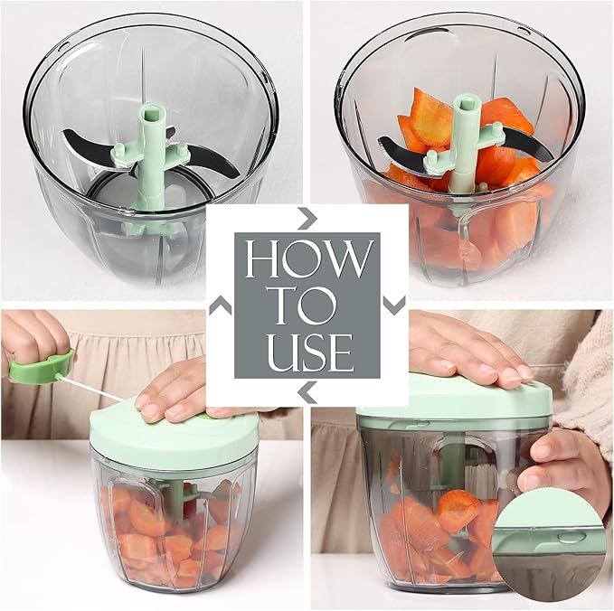 Ourokhome Manual Food Processor Vegetable Chopper, Portable Hand Pull String Garlic Mincer Onion Cutter for Veggies, Ginger, Fruits, Nuts, Herbs, etc., 900ml, Green