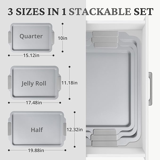 BRONYPRO Non Stick Ceramic Baking Sheet Pan Set of 3, Natural Non Toxic Cookie Sheets for Baking - PFOA, PTFE Free, Aluminized Steel Oven Trays for Cooking with Silicone Handles, Light Gray
