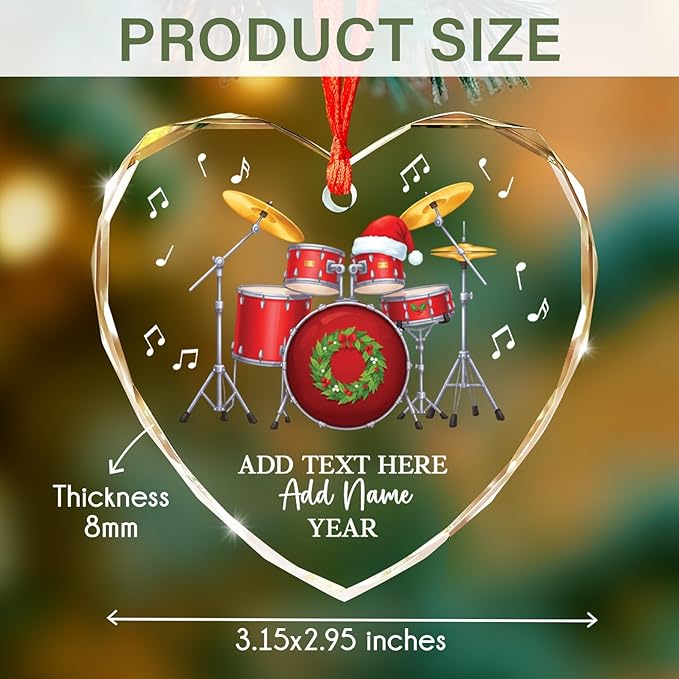 Personalized Drum Set Christmas Glass Ornaments 2025, Drum Xmas Ornament with Custom Text Name & Year, Drummer Christmas Tree Ornament for Men Women, Decoration Gift for Drummer Band Music