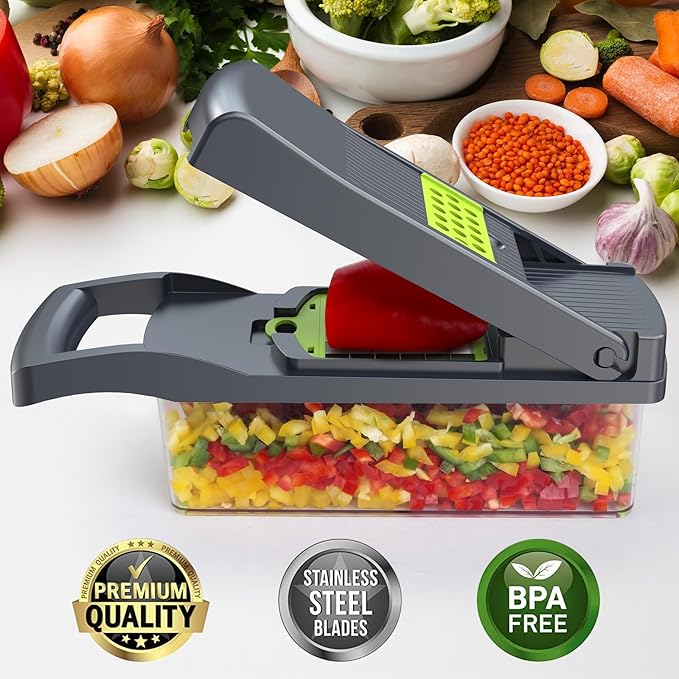 Vegetable Chopper Pro – Putsea 7 Stainless Steel Blades for Veggie chopper– Ergonomic Kitchen Gadget with Container, Easy Clean, Time Saving Mandoline Slicer Vegetable Cutter and Dicers