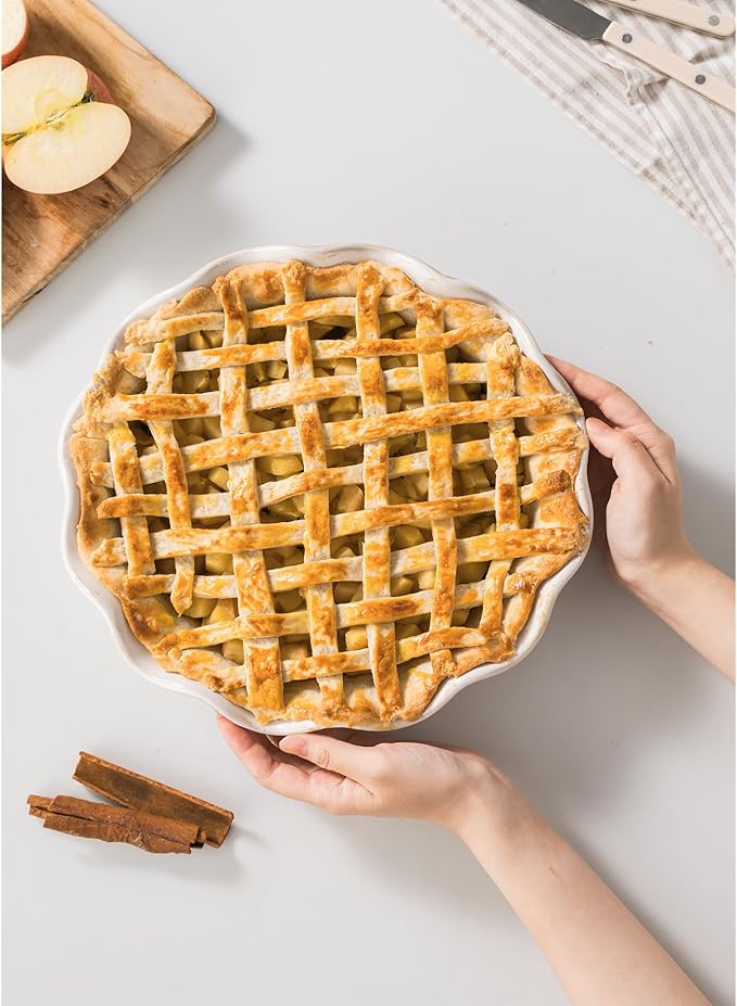 Ceramic Deep Pie Pan for Baking, 11 inch Porcelain Pie Dish for Apple Pie, Oven & Dishwasher Safe, 48 Ounce Deep Plate for Kitchen, Non-Stick Pie Pans,Off-White, Embossed Dots