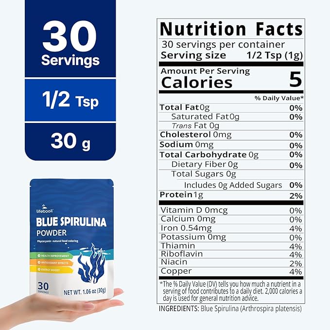 Blue Spirulina Powder, 100% Natural Pure Phycocyanin Extract from Blue-Green Algae, Vegan, Gluten-Free, Non-GMO, Food Coloring for Smoothies, Baking & Drinks, 30g