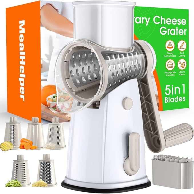 5 Blade Rotary Cheese Grater and Vegetable Chopper with Storage Box and Hand Crank, Compact Shredder for Cheeses, Veggies, Nuts - Easy to Use, Non-slip Suction Base,White
