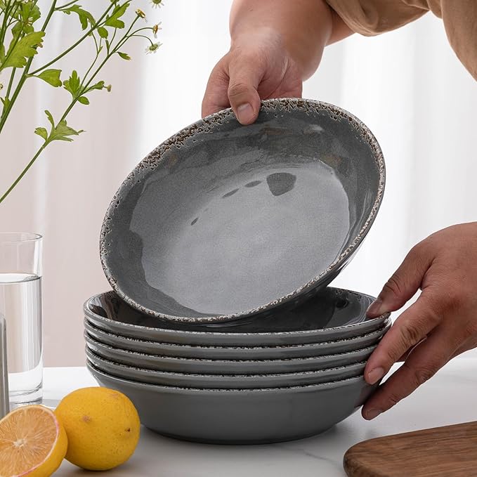 Melamine Pasta Bowls Set,6 Piece 9.25 inch Vintage Melamine Pasta/Salad/Ramen/Noodle/dinner/Fruit Bowls, Set of 6,Unbreakable Large Shallow Serving Bowls set,Cool Grey…