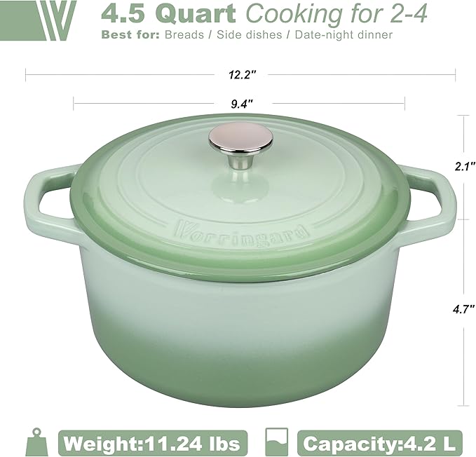 Enameled Cast Iron Dutch Oven Pot with Lid, for Bread Baking, Round Bread Oven- include Sourdough Bread Baking Supplies Set, 4.5QT, Green