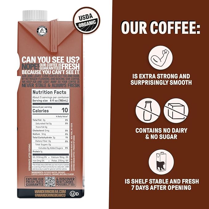 Wandering Bear Organic Mocha Cold Brew Coffee - Strong, Bold, Smooth, Unsweetened, Shelf-Stable, Ready to Drink, Gluten Free, & Vegan Iced Cold Brewed Coffee Drink - 32 fl oz, 6 pack