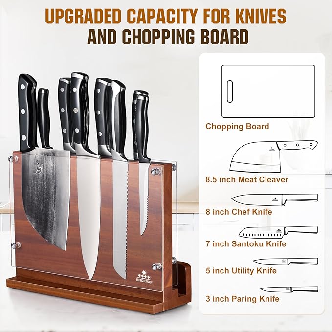 ENOKING Magnetic Knife Block with Acrylic Shield 12 x 9 Inches, Double Side Kitchen Knife Holder without Knives- Acacia Wood Universal Knife Storage Organizer with Powerful Magnet for Kitchen Counter