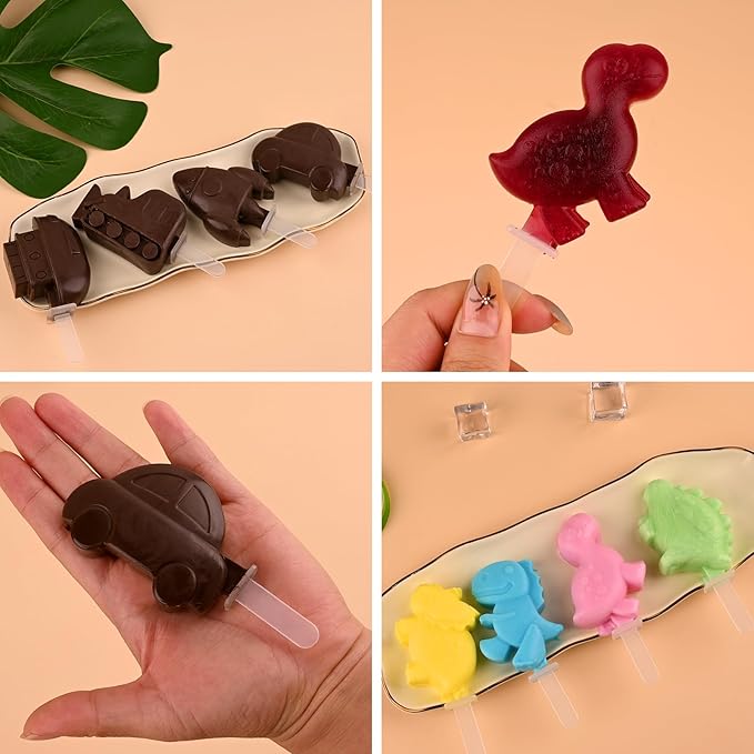 WMKGG Mini Cartoon Silicone Popsicle Molds for Kids, 2 PCS Popsicles Molds with Sticks and Lids, Stackable Small Ice Pop Mold,Rocket Dinosaur Car Ship Shape