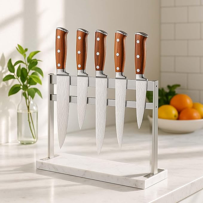 Magnetic Knife Block Stand - Marble Base Magnetic Knife Holder for Counter Top - Double Sided Knife Block without Knives - Stainless Steel Magnetic Kitchen knife holder - White