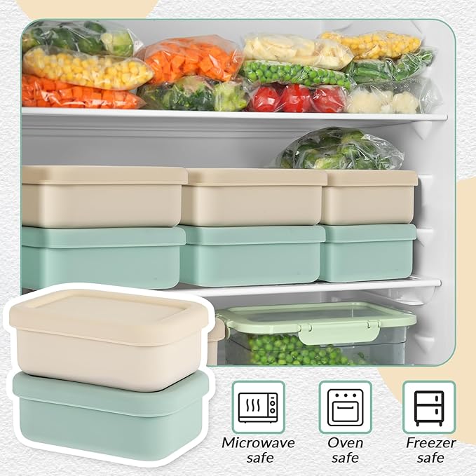 6 Packs 2 Cup Silicone Soup Freezer Molds with Lid Silicone Soup Freezer Trays Rectangle Reusable Food Preserving Tray Freezing Sauces Stews(Sage Green, Beige)