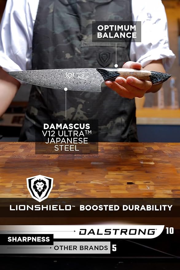 Dalstrong Chef Knife Professional- 8”-Scorpion Series - Venom Edition - Japanese Steel Chef Knife - Spiral Sandstorm Blade Pattern - Black Honeycomb Resin Handle - w/Chef Knife Leather Sheath