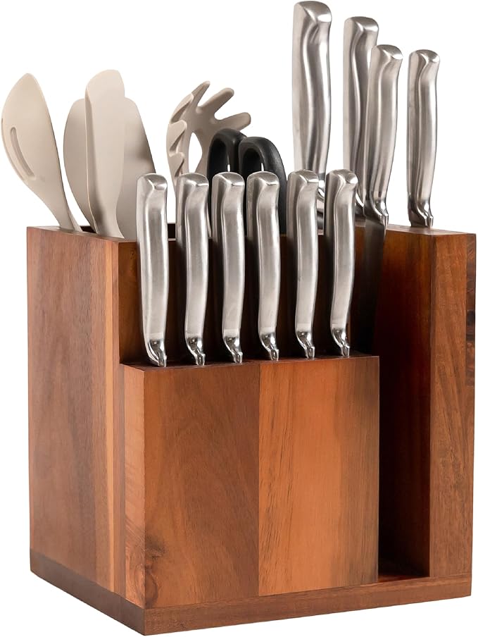 KitchenEdge Acacia Magnetic Knife Block and Cooking Utensil Holder, Sleek Storage for Chefs Knives, Steak Knives, Spatulas, Scissors, Non-Slip Rubber Feet, Easy to Clean, Kitchen Countertop Organizer