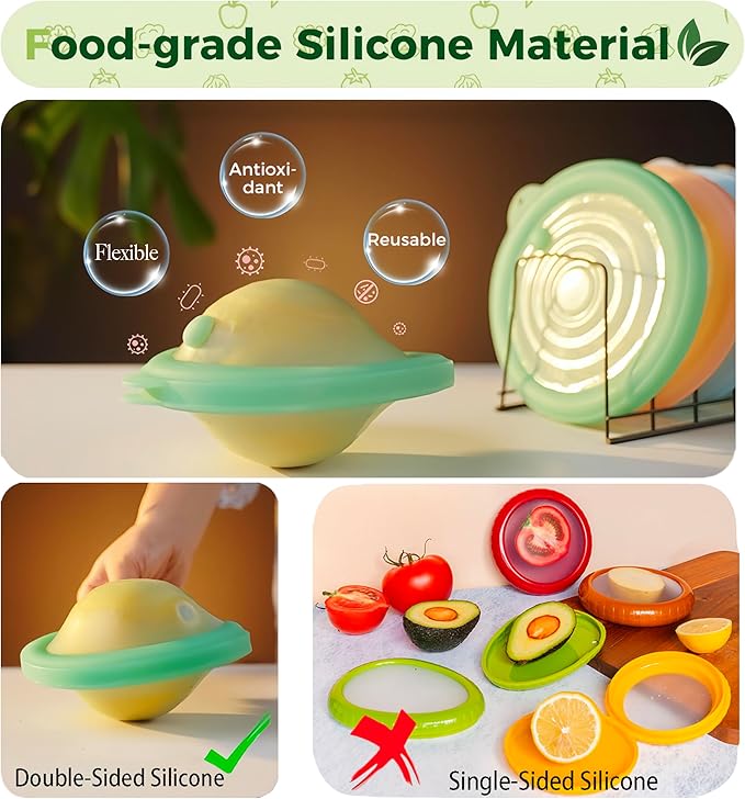 Silicone Reusable Vacuum-Seal Storage Containers for Fridge,Fresh Fruit,Vegetables,Garlic,Onions,Lemons,Potatoes,Meat,for Microwave Oven Heating,Freezer,Dishwasher,Avocado Saver,Tomato Holder,5 Pack