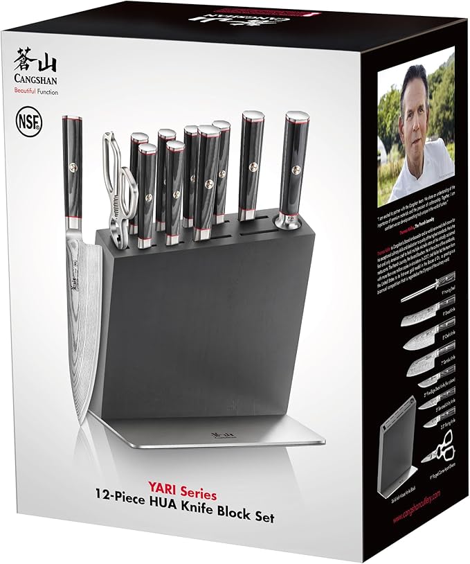 Cangshan YARI Series HUA Knife HUA Block Set, X-7 Damascus Steel, Ash Wood (12-Piece)